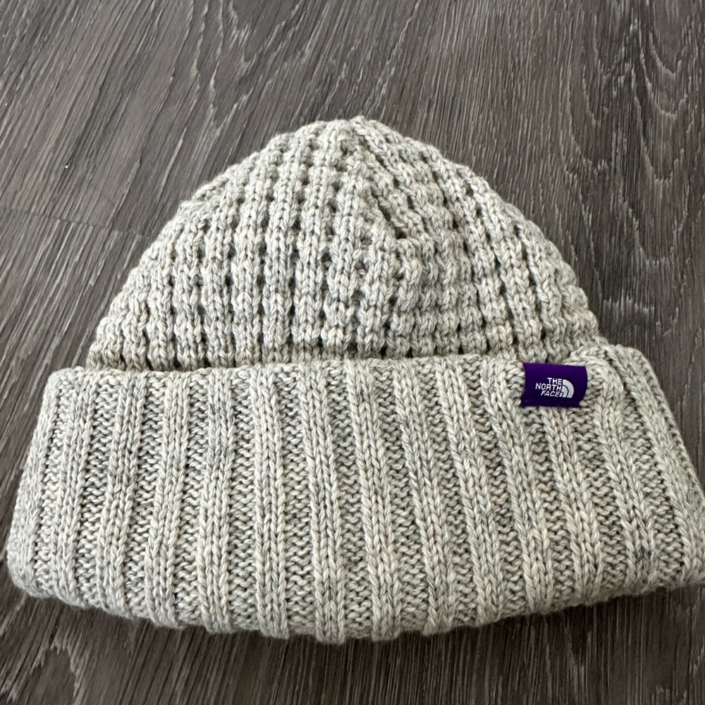 The North Face Light Gray Knit Beanie with Purple Logo Tab